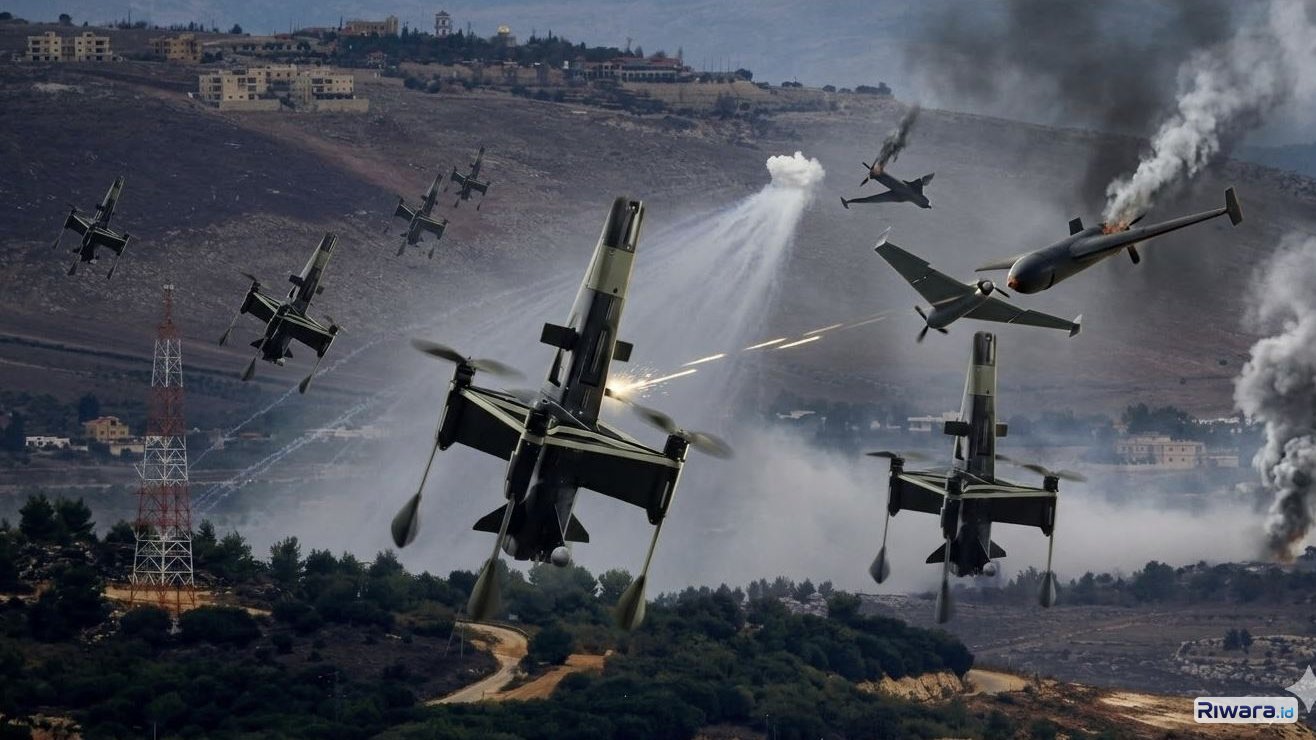 Ilustrasi sejumlah drone JEDI Shahed Hunter menyergap drone-drone milik Rusia, dibuat dengan bantuan AI.